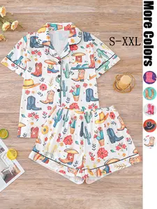 Women's All Over Cowboy Print Lapel Neck Button Front Pajama, Casual Comfy Short Sleeve Pocket Top & Elastic Waist Shorts PJ Set, Ladies Sleepwear Loungewear for All Seasons
