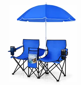 Double Folding Camping Chair with Umbrella, Cooler Bag & Cup Holders - Portable 2 Person Outdoor Loveseat Chair for Beach, Picnic, Patio & Fishing - Waterproof 600D Oxford Fabric, Carry Bag Included - Summer Camping Essential & Outdoor Gift Idea