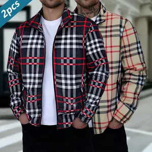 Clean Gent Men's Lightweight Stand Collar Jacket, Color Block Striped Design, Suitable for Spring and Autumn, Fashionable Casual Men's Outerwear Top, Stylish Khaki Plaid Design Men's Clothing