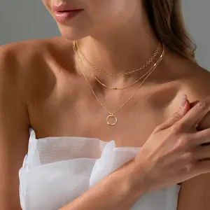 ASCOMY Ladies 3-Layer Gold & Silver Circle Pendant Necklace Set Hypoallergenic 14K Gold Plated Nickel Free Jewelry Gift for Women 3Pcs Necklaces Set