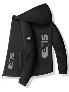 Snowmobile Letter Hooded Jacket, Polyester Fabric, Printed Snowmobile Letters, Casual Slim-Fitting Outerwear for Spring & Fall