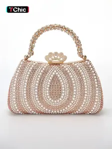 Elegant Pearl Beaded Evening Bag, Rhinestone Clutch with Flower Buckle, Shoulder Strap Handbag for Party Wedding Dance Birthday, Fashionable Bling Bag, Rhinestone Decorated Handbag, Evening Handbags