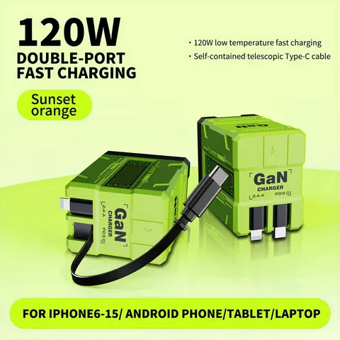 [Buy 1 Get 1 Free Product] 120W GaN Aluminum Super Fast Charger - 2-in-1 Retractable Foldable Mobile Wall Plug, Dual Ports, Type C/Lightning, Compact Travel-Friendly Safe Phone Accessories, Charger for iPhone, Tech Deals Gift,techvibes
