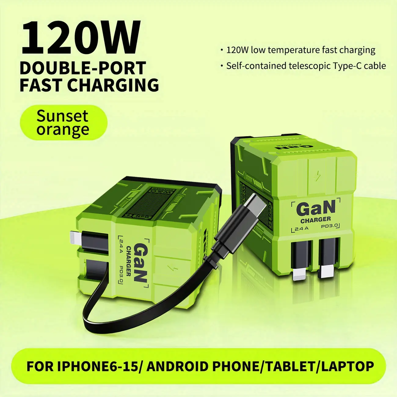 2 in 1 GaN Charger 120W Fast Charging Type C Lightning Retractable Wall Foldable Plug for iPhone Samsung Galaxy iPad MacBook Travel Friendly Compact S