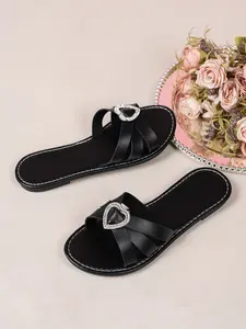 Women's New Summer Sandals Heart Accessory Comfortable Versatile Beach Shoes, PU Leather Slides Rubber Sole, Casual Style