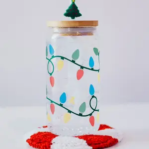Color Changing Christmas Lights 16oz Glass Can Cup with Lid and Straw, Iced Coffee Drinkware, Gift for Her, water bottle for women, christmas gift, Insulated Lid Bottle, Mug, Bamboo