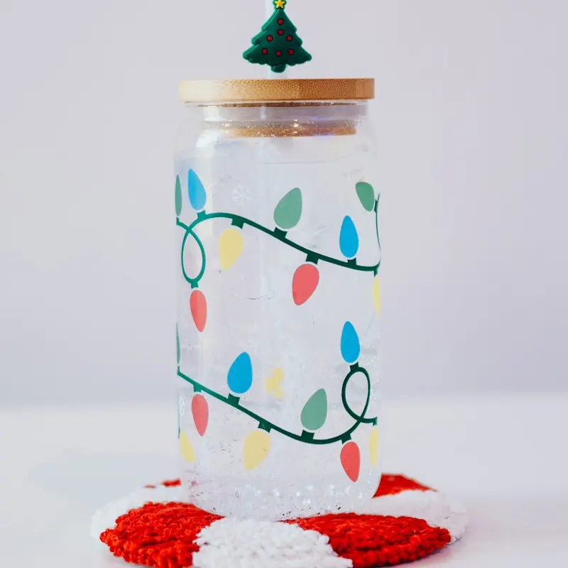 Color Changing Christmas Lights 16oz Glass Can Cup with Bamboo Lid & Straw
