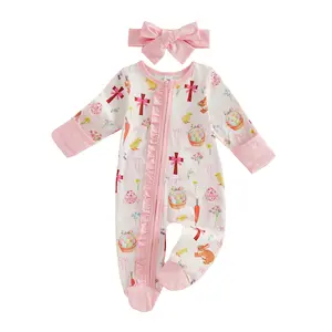 Newborn Baby Girl Easter Outfit Bunny Chick Print Footie Romper Ruffle Bodysuit Zipper Jumpsuit Headband 0-18M