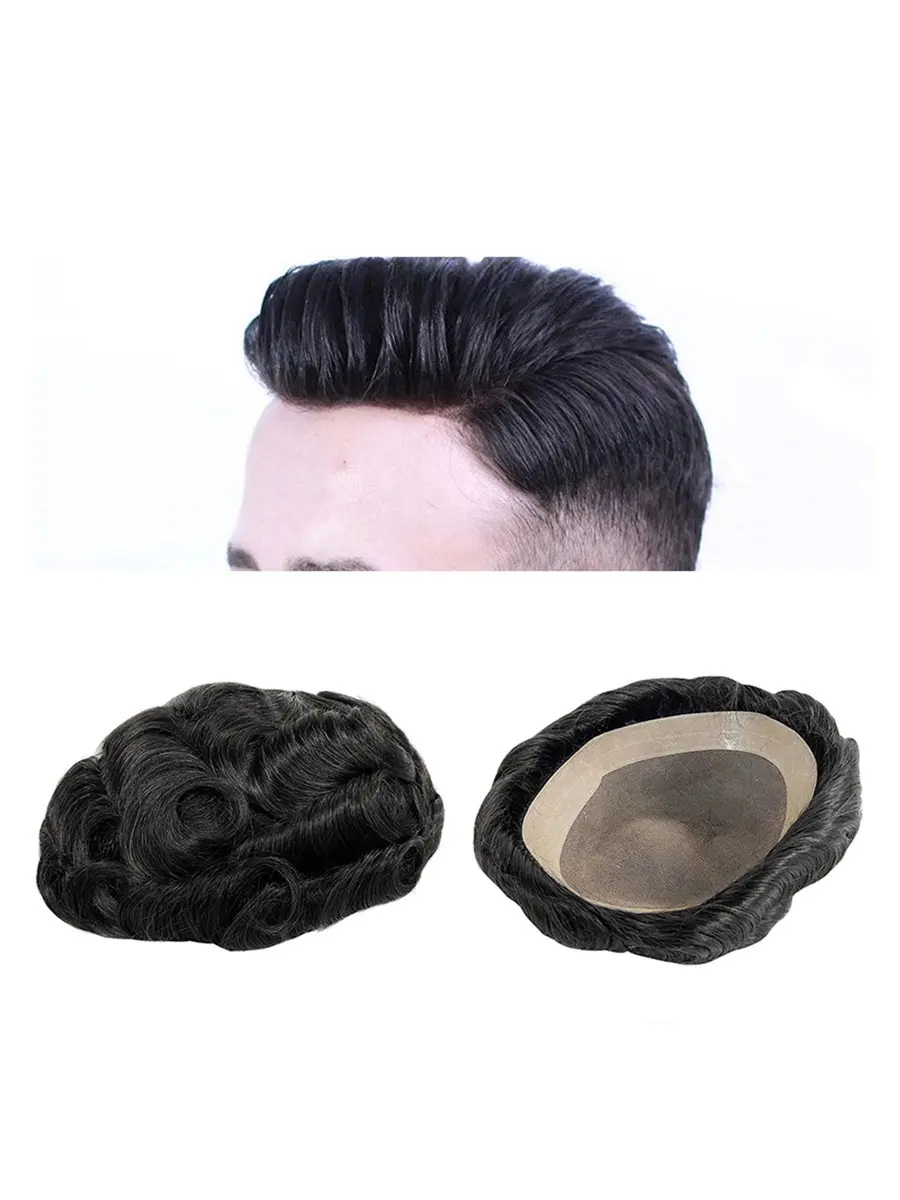 Men's Fine Mono Human Hair Toupee, 130% Medium Density Human Hair Lace Closure Wig Accessory