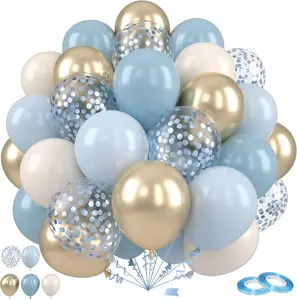 Dusty Blue and  Balloons, 12 Inch Blue  Balloons, Retro Fog Blue Metallic Golden White Confetti Balloons Latex Balloon for Wedding  Shower Gender Reveal Birthday Party Decoration