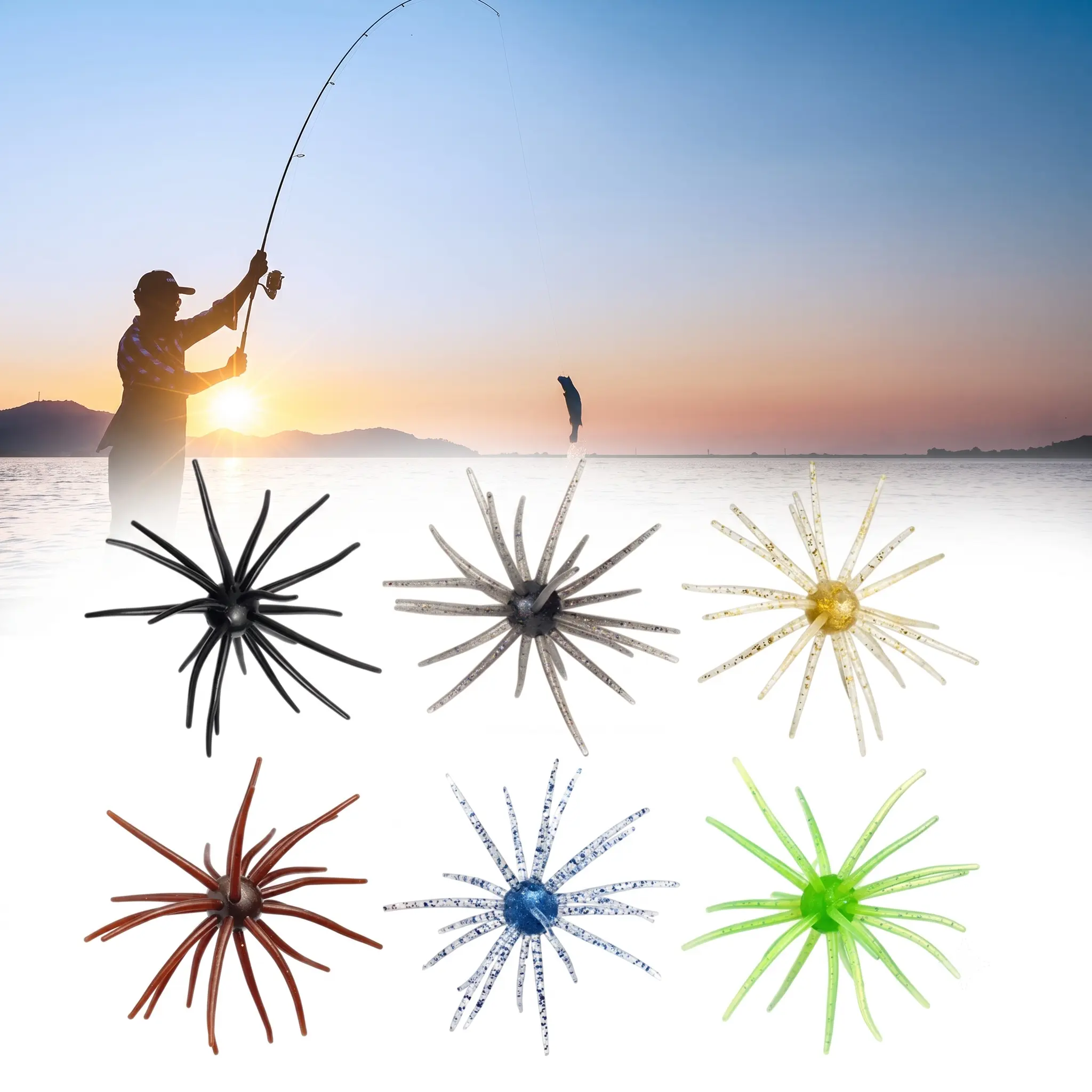2/4/6 Pcs Sea Urchin Finesse Lures, High-Elasticity TPR Soft Bait with Reflective Glitter, Slow Sinking Creature Design for Aggressive Bass Bites in Freshwater & Saltwater, 2Pcs (Gray+Brown)
