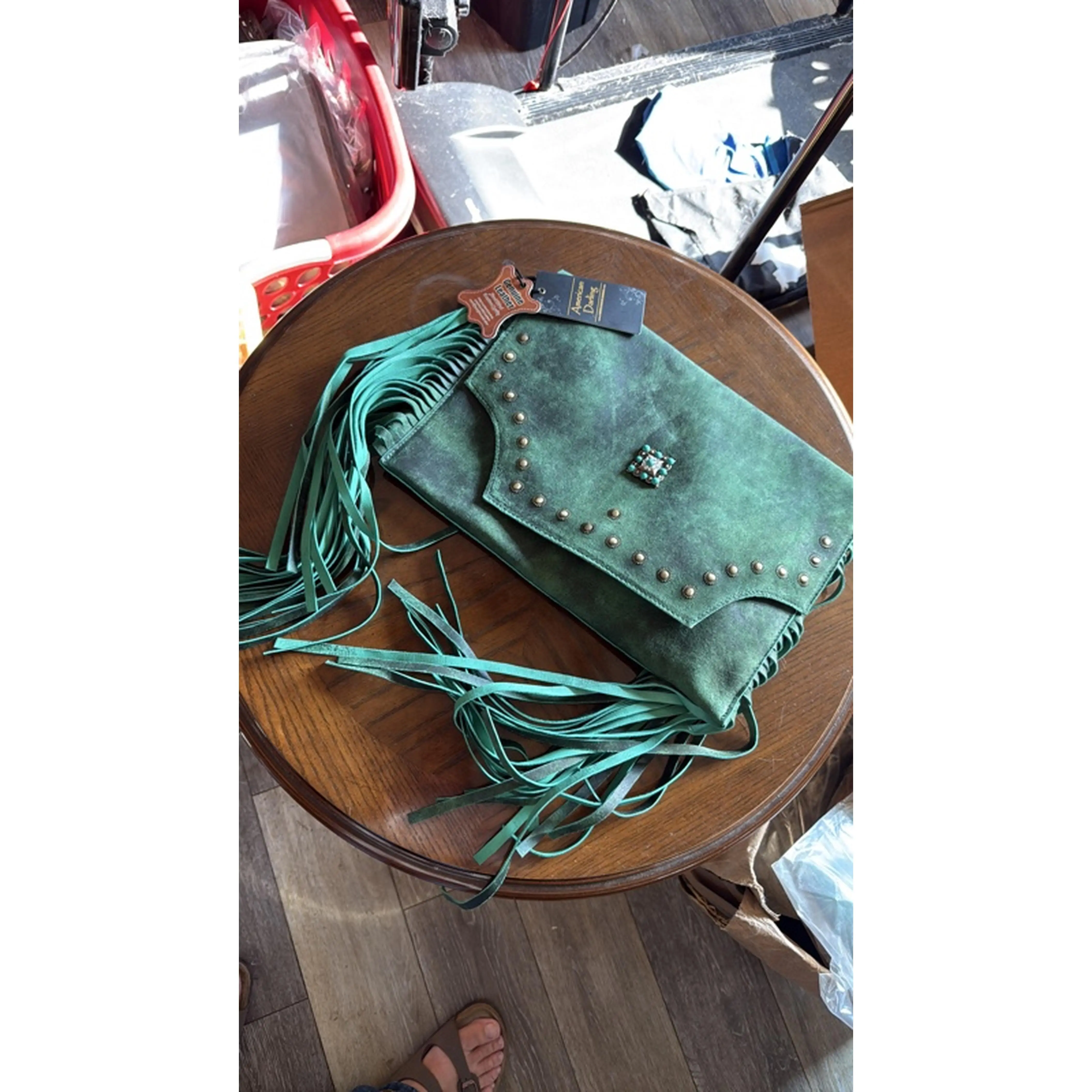 Green Fringe Studded Handbag with Tassels and Buckle Closure