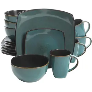 16 Piece Reactive Glaze Dinnerware Set Soft Square Teal Green Service for 4 16pc Elegant Tableware
