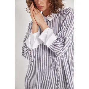 Cuff Detailed Cotton Shirt - Dark Blue Stripe