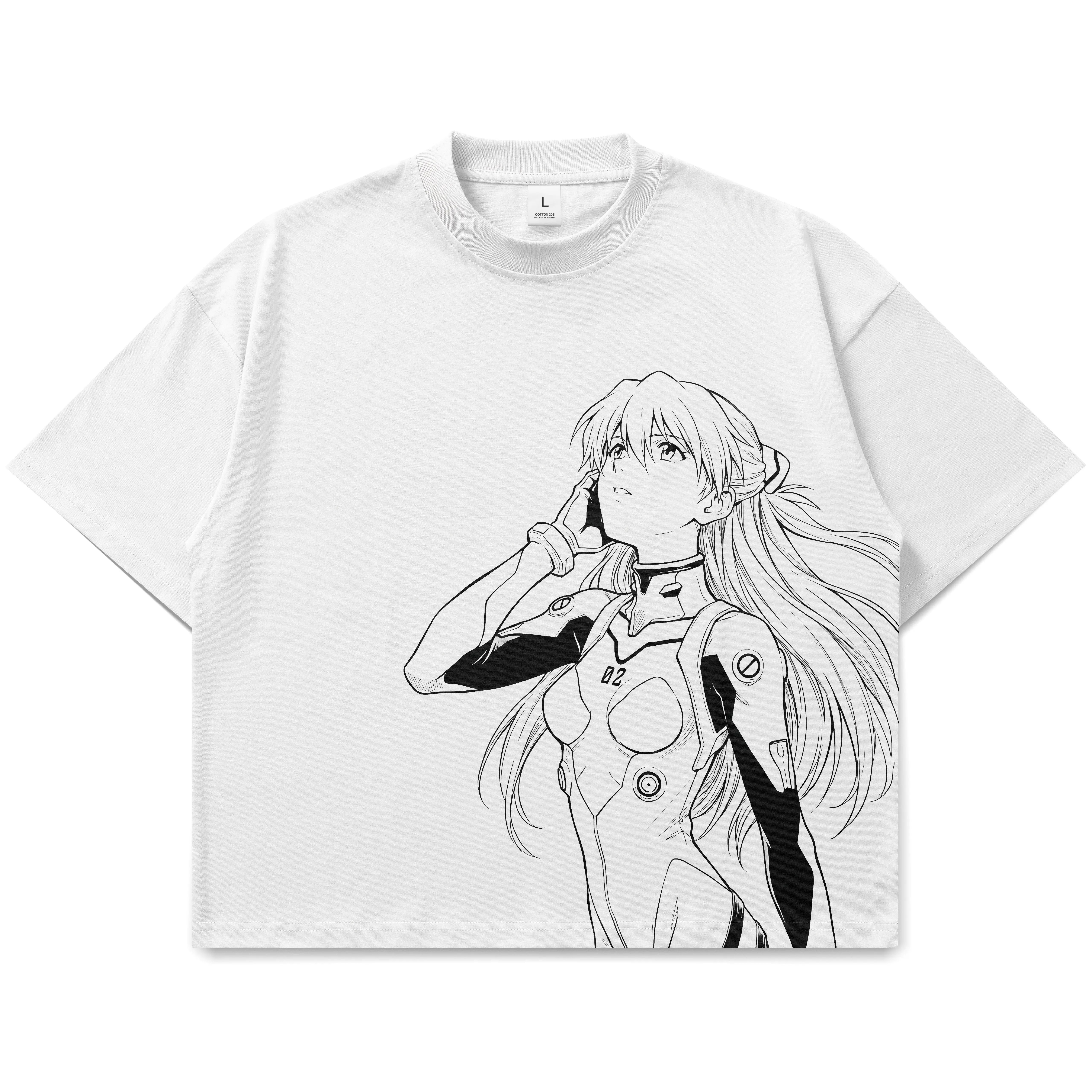 Men's 100% Cotton Heavyweight Loose-Fitting Crew Neck Oversized Short-Sleeve Casual T-Shirt - Neon Genesis Evangelion Asuka Graphic Tee, Cold Wash, Never Shrinks, Shirt Will Never Shrink, Vintage Dye, True To Size, Unisex, Standard