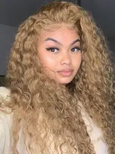Women's Glueless Heat Resistant 28'' Long Loose Curly Honey Blonde Wig, Pre-Plucked Synthetic Hair, 13x4 Lace Front, 180 Density