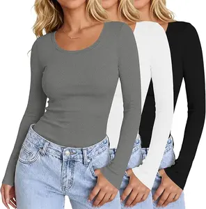 Ekouaer Women's Long Sleeve Ribbed Scoop Neck Casual Thermal Undershirts Clothes, 2025 Fall Fitted Basic Tees, XS-XXL Sizes