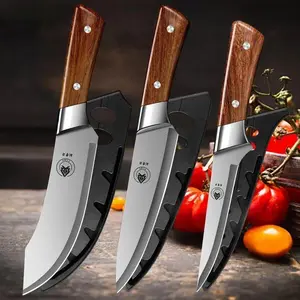 Handcraft Forging Stainless Steel Kitchen Knives Set Sheath Cover Sharp Paring, Chef, and Meat Cleaver Knives with Imitation - Wood Handlesfor Vegetable, Fruit, and Meat Preparation Easy to Carry and Handle for Home Cooking & Outdoor Camping