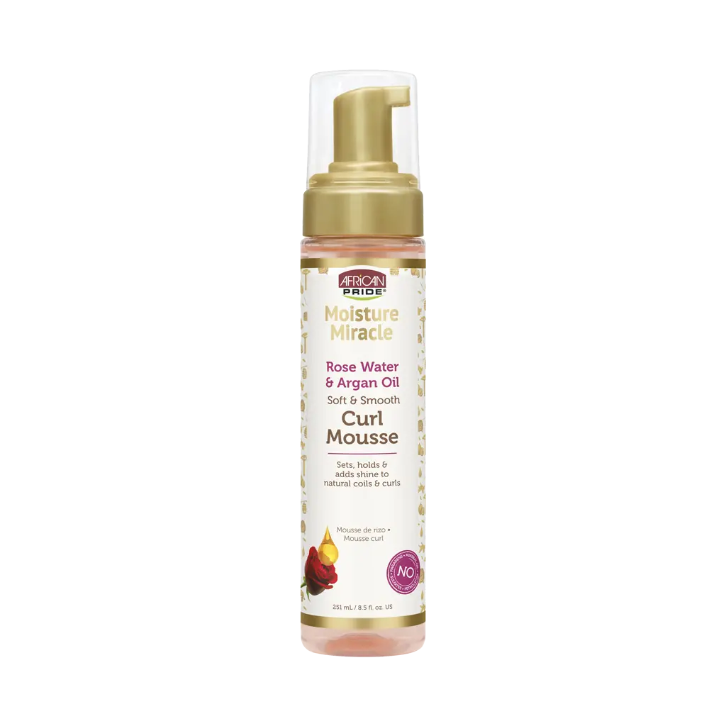 AFRICAN PRIDE MOISTURE MIRACLE ROSE WATER & ARGAN OIL CURL MOUSSE, 8.5FL OZ