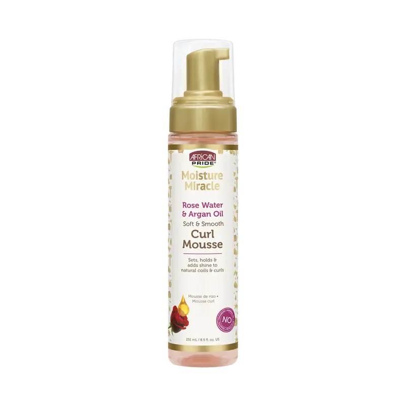 AFRICAN PRIDE MOISTURE MIRACLE ROSE WATER & ARGAN OIL CURL MOUSSE, 8.5FL OZ
