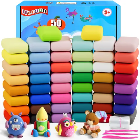 Ifergoo 50-Pcs Non-Toxic Ultra Light Air Dry Clay Colorful Set for Kids - 3 Tools, 50 Bags, Tutorial Book, Mess-Free, 1.65 lbs, 12.17 x 11.46 x 2.56 inches, Handicraft Kit for Creative Play, Ideal Gift for Ages 3+
