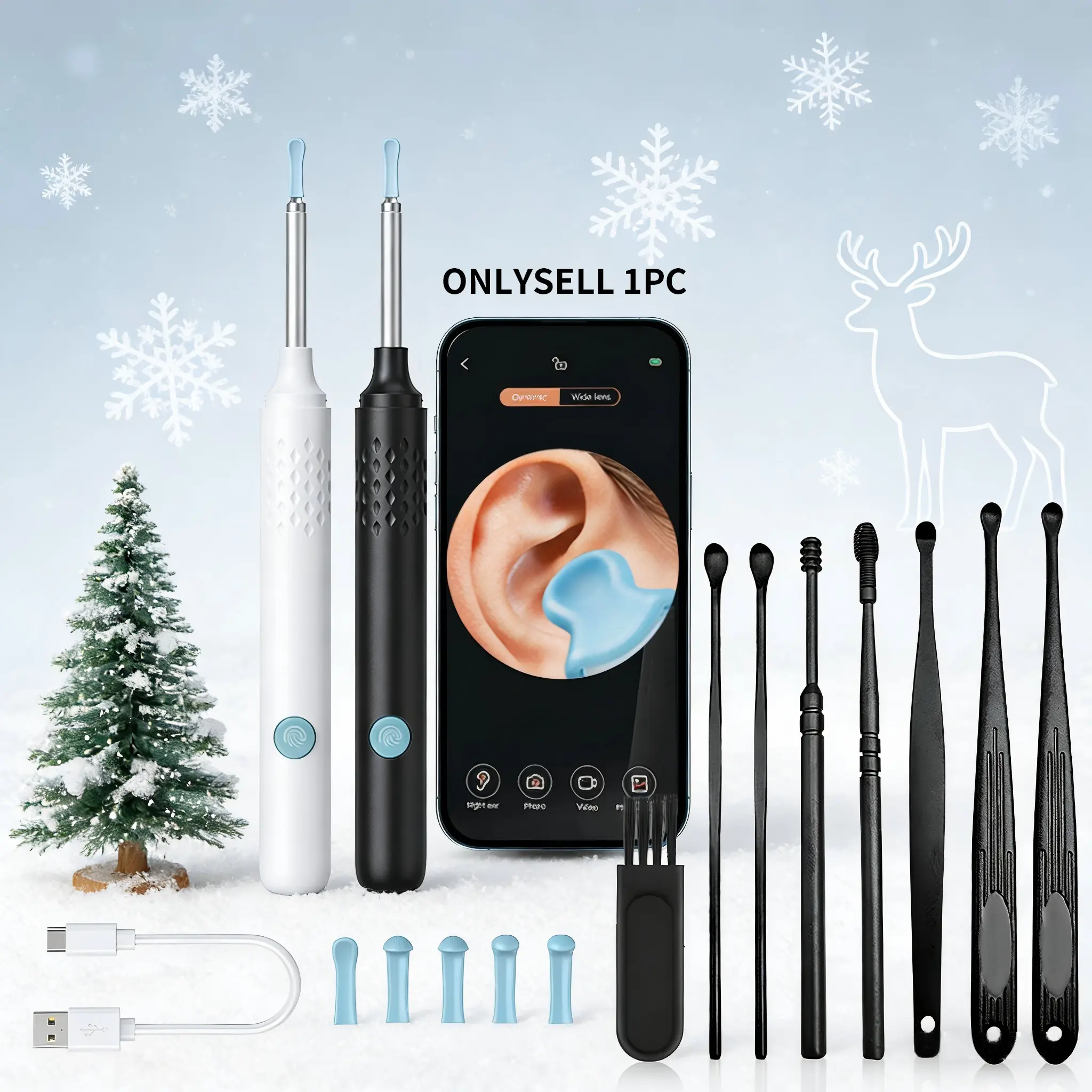 Wireless Visual Ear Pick, 1 Box Rechargeable Ear Wax Removal Kit, Intelligent Ear Wax Remover with Ear Scoop, Ear Cleaning Kit