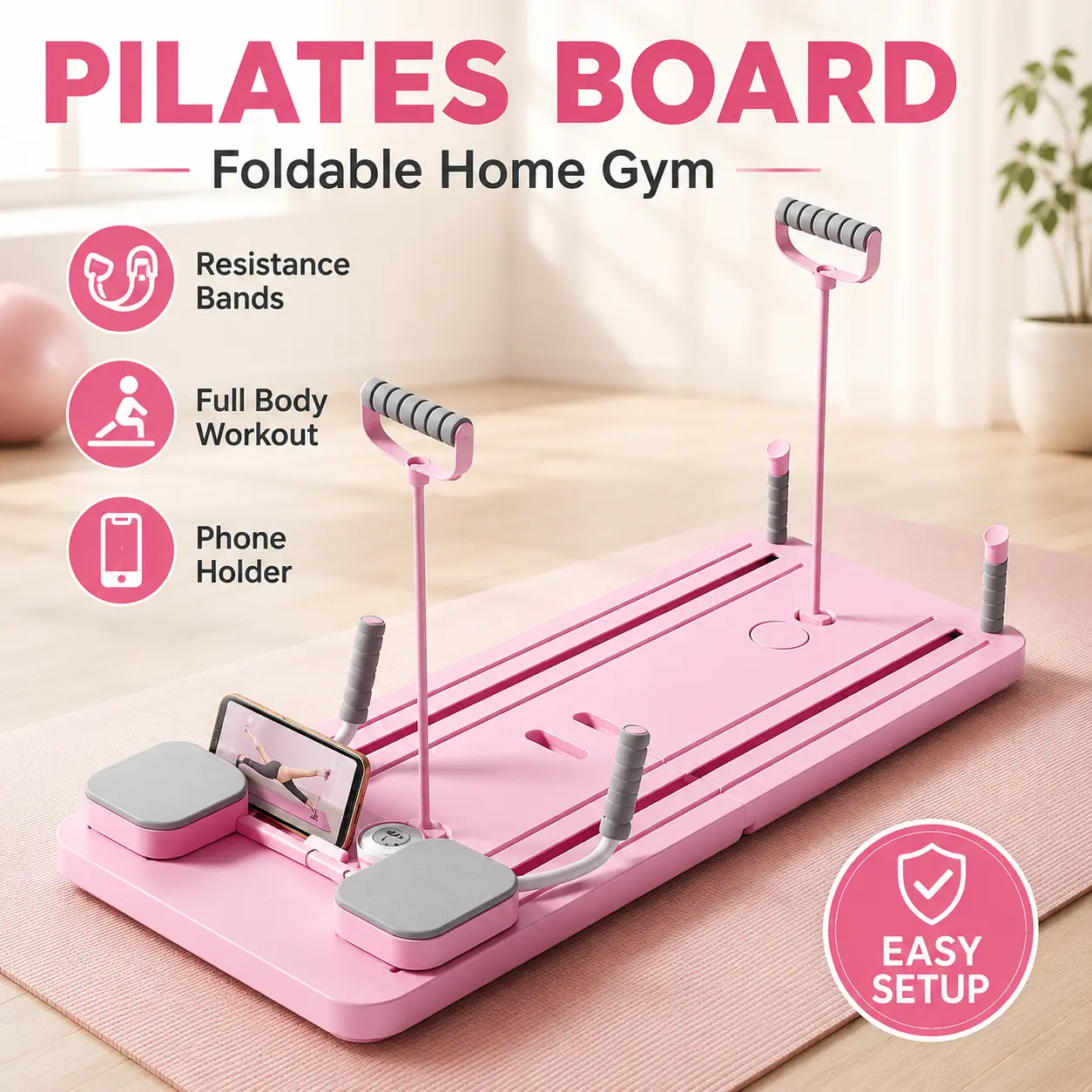 Foldable Pilates Board, Compact Home Gym for Core Fitness & Full Body Workouts, Adjustable Resistance Machine for All Fitness Levels, Foldable Abdominal Machine, Resistance Band Workout, Phone Holder tiktokshopbacktoschool, Workout Equipment