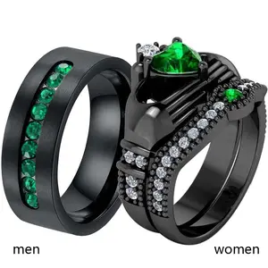 Ringcrown Couple Rings Matching Rings Heart 1ct CZ Black Claddagh Ring 2pcs Women Wedding Ring Sets For Him And Her Men Titanium Steel Wedding Band