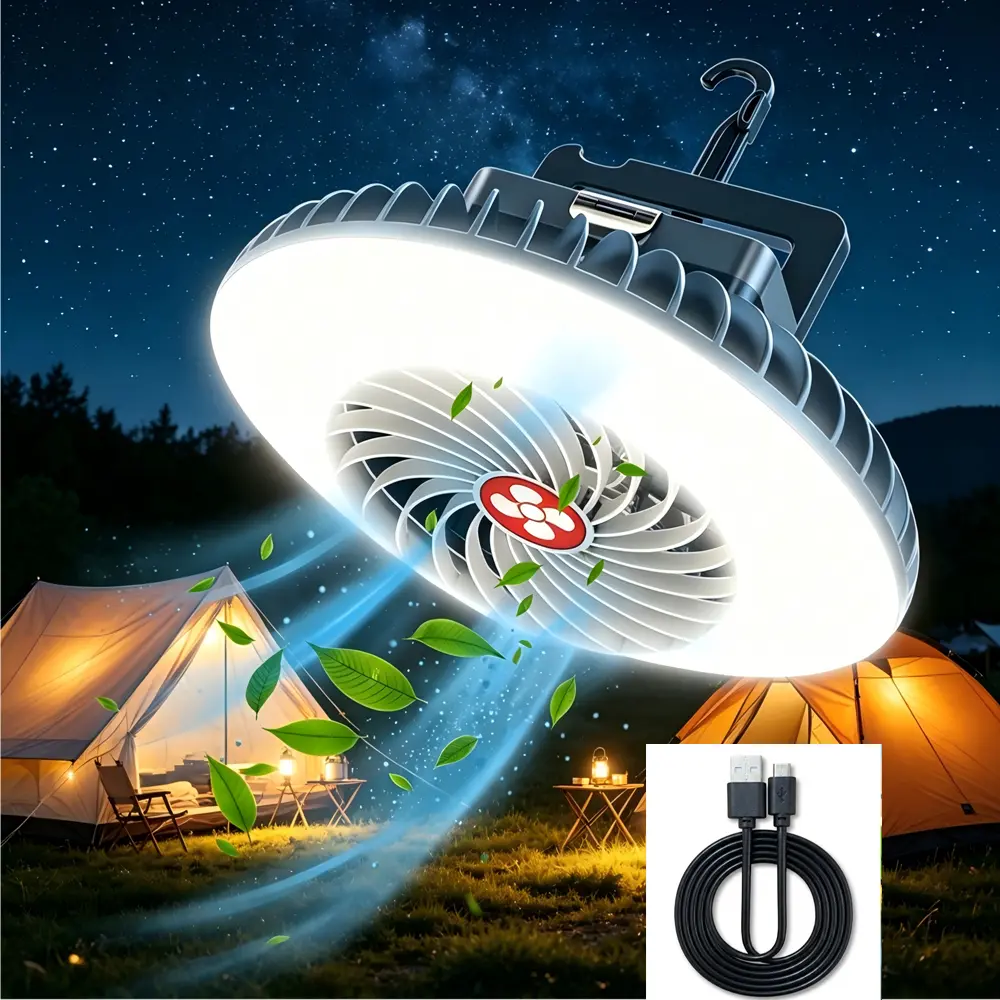 LED Camping Fan Light - USB Rechargeable Tent Cooling Fan, Wall/Desktop Mount for Dorms, Small Hook Hanging for Campsites, Emergency Lighting for Summer Camping, Family Use