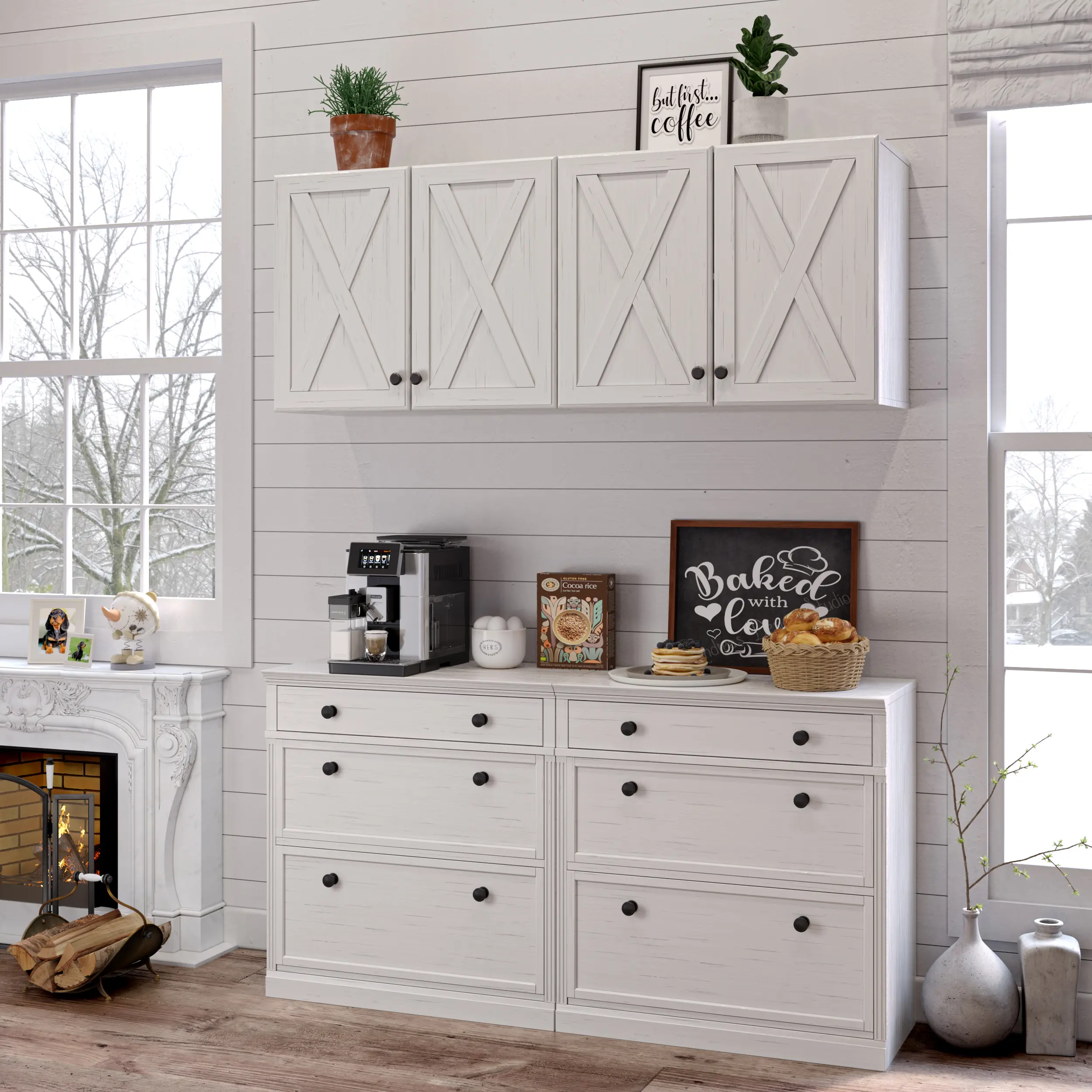 24-in Farmhouse Wooden Wall Storage Cabinet Set, 4-Door Indoor Cupboard with Adjustable Shelves for Kitchen, Laundry Room, Aesthetic Organizer, Four Door