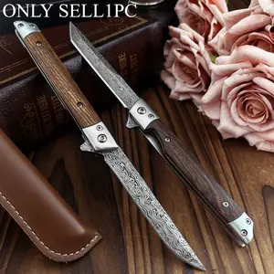 Best-selling Slim Damascus-Patterned Folding Knife with Leather Sheath and Colorful Wooden Handle—Multifunctional Outdoor Camping Knife, EDC, Fishing, Cutting, and Hiking Tool, Precision Camping Tool, Survival Tool