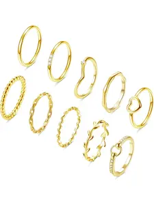 10PCS 14K Gold Plated Fashion Stackable Rings for Women Stackable Knuckle Gold Band Ring Simple Plain Twist Pack Wave Heart Shaped Ring Thumb Midi Thin Gold Rings Comfort Fit Size 5-9