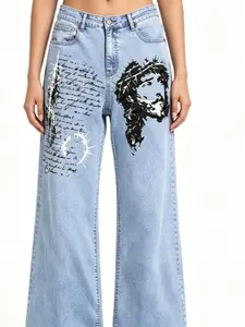Unisex Gothic Graphic Jeans - Vintage Dark Wash Wide Leg Denim with Scripture & Thorn Print, Y2K Streetwear Pants