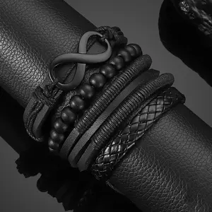 4pcs/set Punk Hip Hop Handmade Braided Rope PU Leather Infinity Cycle Pendant 's Bracelet Bangle Casual Holiday Party Accessories, Festival Accessory, Casual Wear, Punk Style, Handmade Jewelry, Lightweight Bracelet, Stylish Craftsmanship, 's Wristband