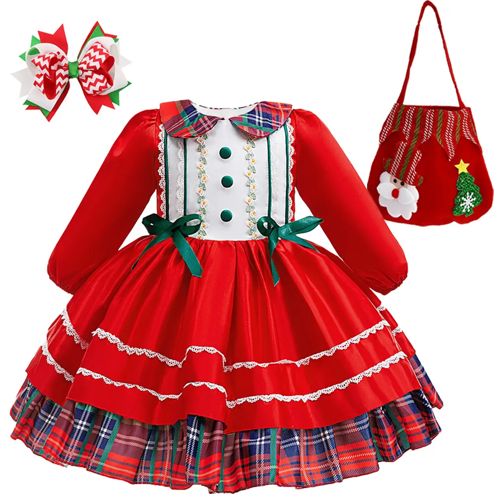 110 (Dress + all accessories) Christmas costume everyday princess dress spring and autumn wine red dress children's dress stage costume