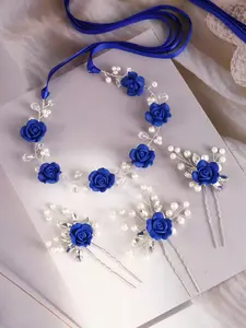 4 Piece Set Blue Rose Hair Accessories, Boho Wedding Headpiece, Elegant Flower Crown, Fashion Rhinestone Bobby Pins, Bridesmaid Accessory