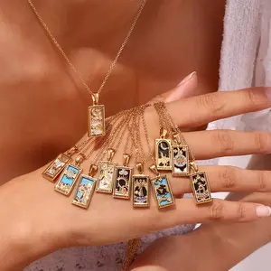 Colorful Tarot Necklace 18k Gold Plated Stainless Steel Hypoallergenic Square Pendant for Women Unique Gift Vintage Charm Modern Style