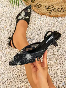 Women's Floral Embroidered Mesh Slingback Kitten Heel Pumps, Pointed Toe Low Heel Slingback Shoes for Party