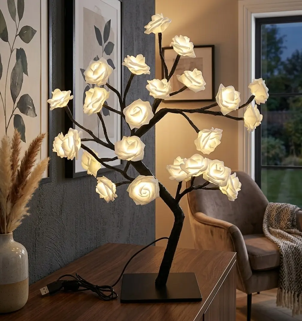 Romantic LED Rose Tree Light – USB-powered warm white string light table lamp; an ideal night light for bedroom and living room décor; a perfect gift for parties, weddings, and birthdays; creates an inviting atmosphere; a charming bedside accent.