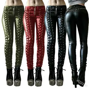 5XL Plus Size Women’s Punk Gothic PU Leather Pencil/Long Biker Pants – Sexy Skinny Fit, Lace-Up, Rivets & Zipper, Retro