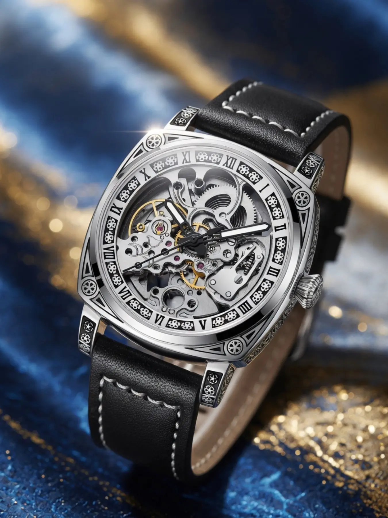 Vintage Engraved Silver Color Hollow Men's Mechanical Watch, Stainless Steel Case, Leather Strap, Waterproof, Business Gift, Mechanical Wristwatches