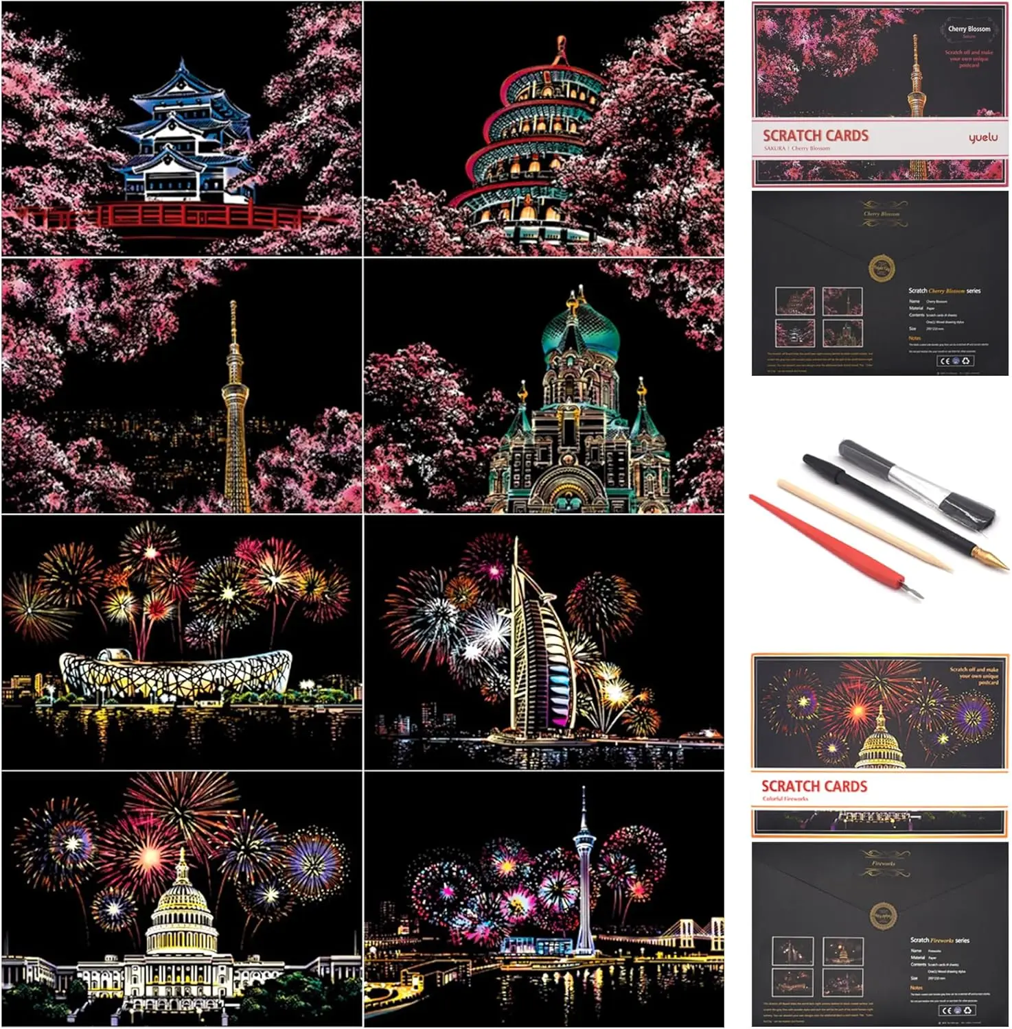 Scratch Art for Adults and -City Landmarks Scratch Painting Craft Kit (8 Sheets A4)|DIY Foil Engraving Art Set|   for Travel Lovers, Craft Lovers,  Decor (Firework&Sakura)