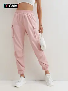 Women's Pocket High Waist Woven Cargo Pants, Casual Chic Elastic Waist Jogger Trousers, Comfort Cargo Pants Women, Casual Summer Bottoms Style