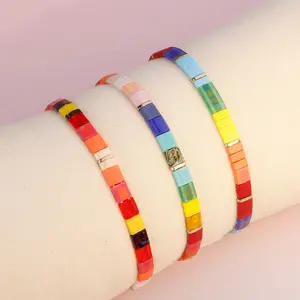 KELITCH Bracelets Tila Beads Rainbow Charm Stretch Elastic Single Strand Bangle