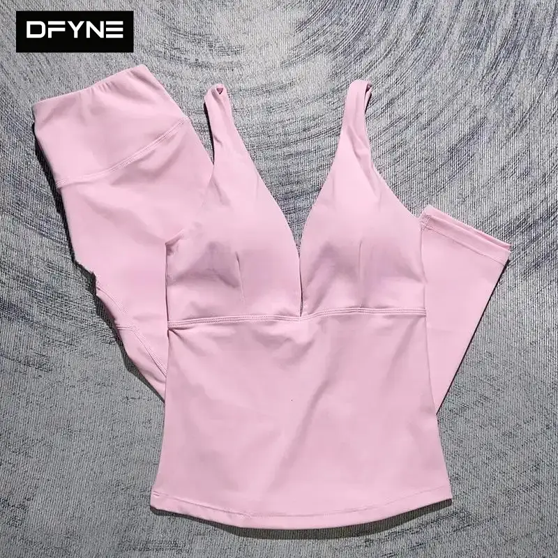 DFYNE Women's 2 Piece Sculpting Workout Set Ribbed Nylon Sporty Outfit Plunge V Neck Crop Top and High Rise Tummy Control Leggings Seam Contouring Gym Matching Sets Tights for Weightlifting Fitness Athleisure