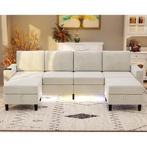 Sectional Couches for Living Room, 6 Seat Chenille Sectional Sofa with Smart Module-Wireless Charging/USB/Type-C/RGB Light, U Shaped Couch with 2 Movable Storage Ottomans (Beige) Modular Corduroy Cloud Foldable Velvet Boneless U-Shaped Pink Comfy  White