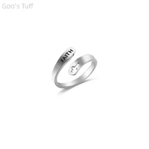 Silver Faith Hope Love Blessed Cross Ring Stainless Steel Adjustable Open Ring Inspirational Engraved Jewelry for Women Summer Daily Wear