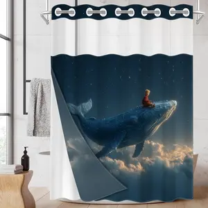 1pc hookless shower curtain with snap fastener, starry sky cloud whale children's 2D Flat Printing, fabric waterproof inner lining shower curtain with transparent window double-layer shower curtain, 71 x 74 inches, modern family curtain decoration