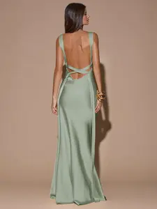 Sexy Minimalist Solid Color Yellow Cream Deep V-Neck Sleeveless Backless Tie Dress, Suitable For Party, Cocktail, Formal Occasions, Bridesmaid, Birthday, Christmas, Business Casual