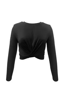 Women's Solid Twist Front Long Sleeve Crop Sports Tee, Casual Round Neck Cropped Top for Yoga Gym Workout, Ladies Sportswear for All Seasons